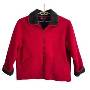 FU DA Red Fleece Jacket Faux Sherpa Lining full zip collar pockets cozy 1X